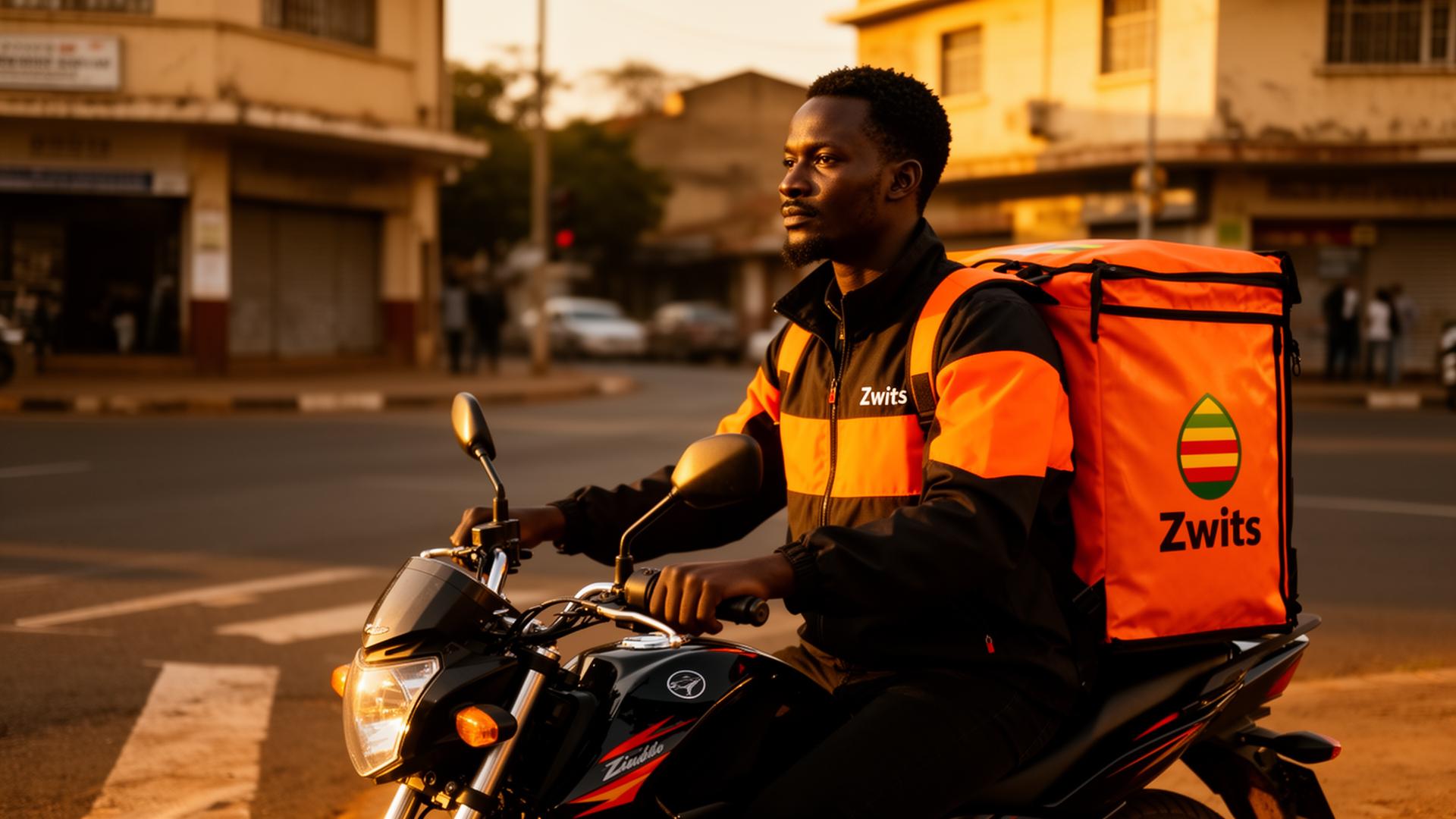 Zwits delivery rider on a Harare street at sunset